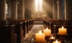 Leerer Kirchenraum mit brennenden Kerzen und sanftem Tageslicht, ruhige Atmosphäre, Symbol für Besinnung und gesellschaftlichen Zusammenhalt.