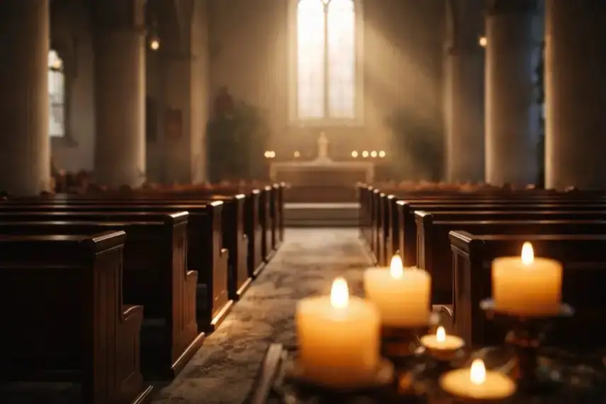 Leerer Kirchenraum mit brennenden Kerzen und sanftem Tageslicht, ruhige Atmosphäre, Symbol für Besinnung und gesellschaftlichen Zusammenhalt.