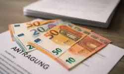 Nahaufnahme von Euro-Banknoten, die auf Formularen und Dokumenten liegen, im Hintergrund ein unscharfer Aktenstapel.