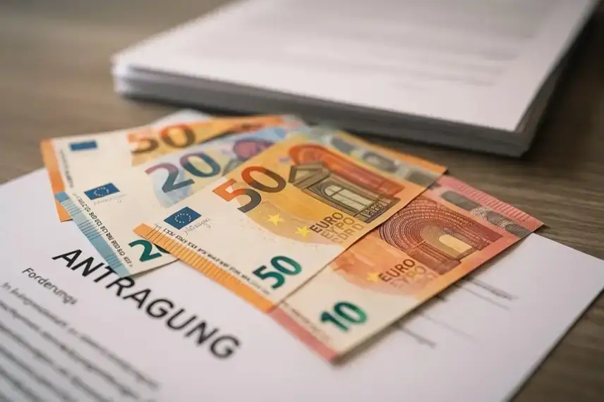 Nahaufnahme von Euro-Banknoten, die auf Formularen und Dokumenten liegen, im Hintergrund ein unscharfer Aktenstapel.