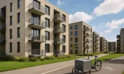 Moderne Wohnhäuser mit Grünflächen und Fahrradstellplätzen, aufgenommen bei Tageslicht ohne sichtbare Personen.