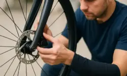 Detailaufnahme einer Bremsaufnahme an einem Rennradrahmen auf einem neutralen Hintergrund.