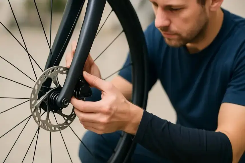 Detailaufnahme einer Bremsaufnahme an einem Rennradrahmen auf einem neutralen Hintergrund.