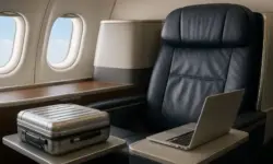 Business-Class-Sitz in einem hell ausgeleuchteten Flughafenbereich, ohne Menschen, als neutrales Symbolbild.