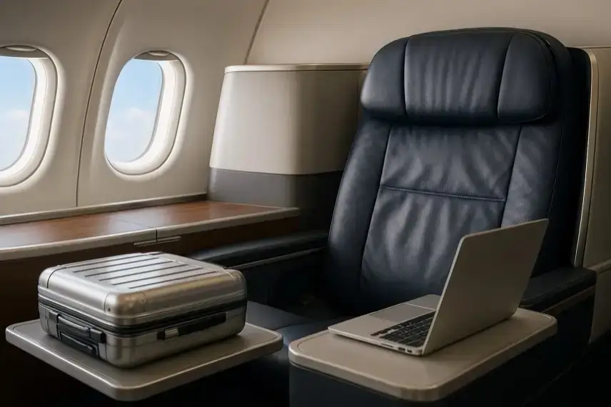 Business-Class-Sitz in einem hell ausgeleuchteten Flughafenbereich, ohne Menschen, als neutrales Symbolbild.