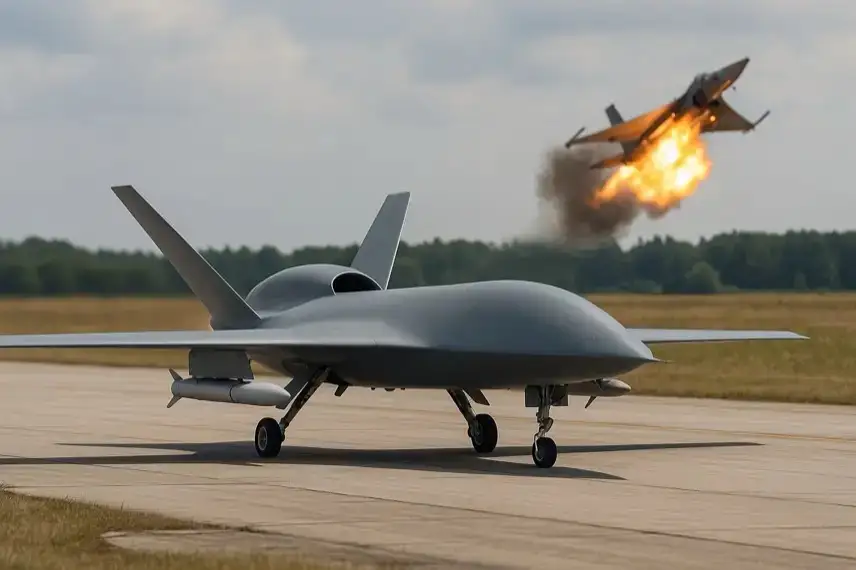 Fotorealistische Drohne auf einem Flugfeld bei Tageslicht, ohne Logos oder Personen, als neutrales Symbolmotiv.