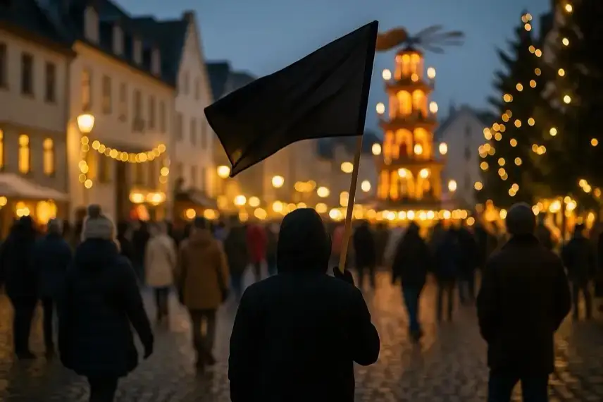 Absperrgitter auf nassem Asphalt mit blauem Lichtreflex im Hintergrund, keine Menschen sichtbar.