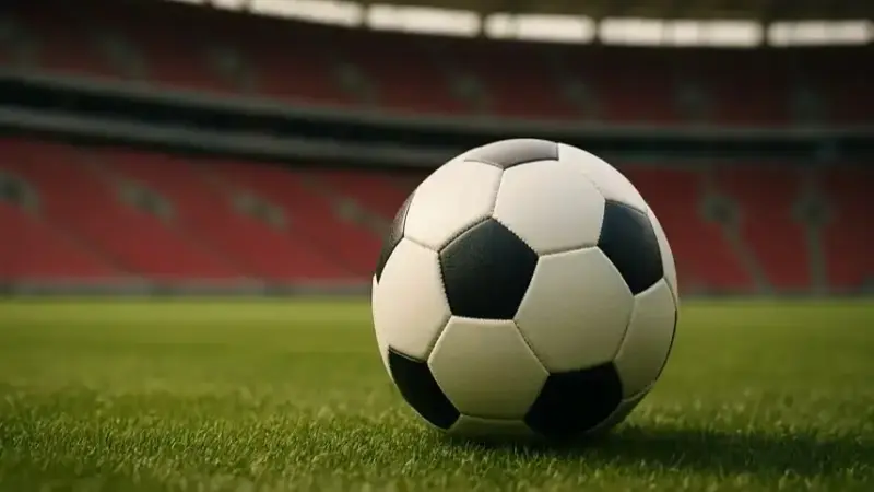 Fotorealistischer Fußball auf grünem Rasen mit unscharfen Stadionrängen im Hintergrund, hell ausgeleuchtet und ohne Menschen.