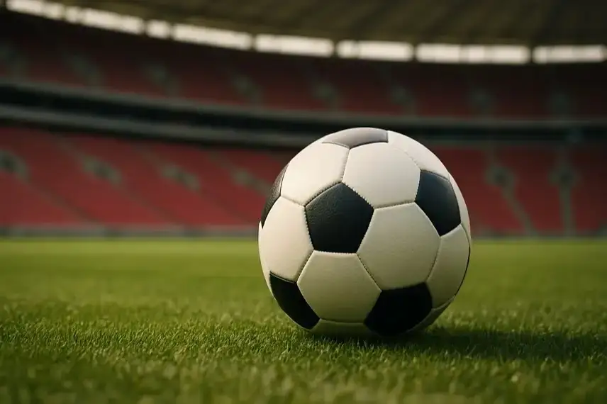 Fotorealistischer Fußball auf grünem Rasen mit unscharfen Stadionrängen im Hintergrund, hell ausgeleuchtet und ohne Menschen.