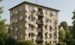 Mehrstöckiges Wohnhaus in einer Siedlung mit zahlreichen weißen Satellitenschüsseln an der Fassade, aufgenommen bei Tageslicht.