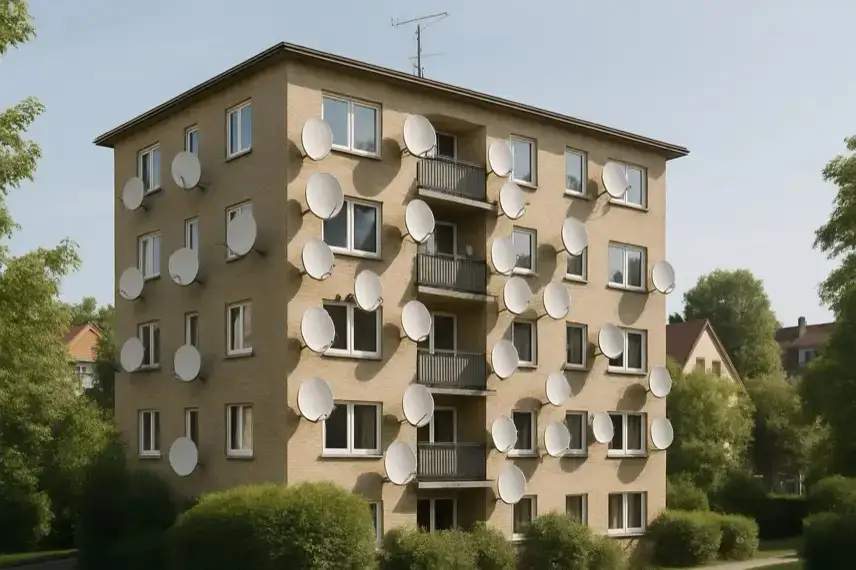 Mehrstöckiges Wohnhaus in einer Siedlung mit zahlreichen weißen Satellitenschüsseln an der Fassade, aufgenommen bei Tageslicht.