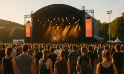 Open-Air-Bühne in einer Parklandschaft bei Tageslicht, im Hintergrund unscharfe Menschen als generische Silhouetten, keine Texte oder Logos.