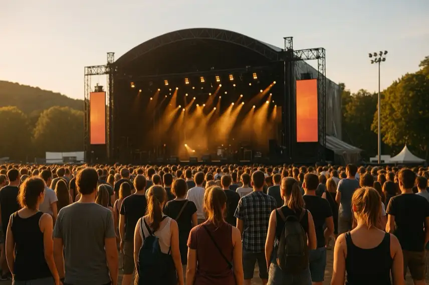 Open-Air-Bühne in einer Parklandschaft bei Tageslicht, im Hintergrund unscharfe Menschen als generische Silhouetten, keine Texte oder Logos.