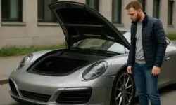 Abgestellter moderner Sportwagen in einer Stadtumgebung, frontal schräg aufgenommen, ohne Menschen, hell ausgeleuchtet und fotorealistisch dargestellt.