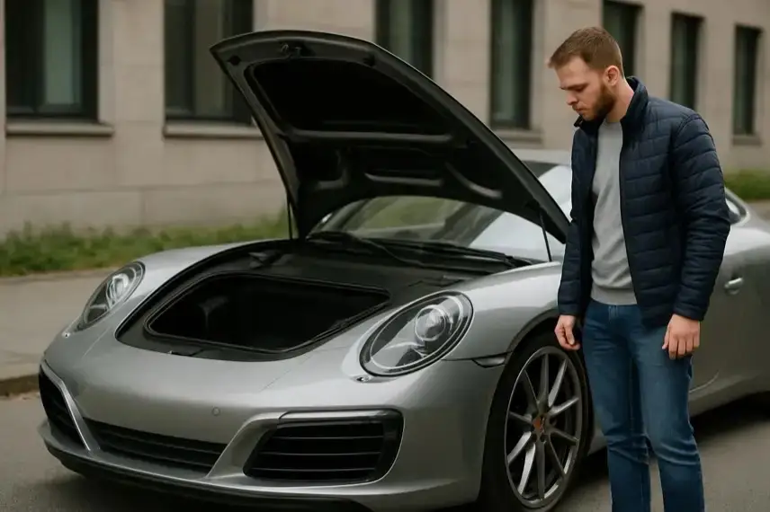 Abgestellter moderner Sportwagen in einer Stadtumgebung, frontal schräg aufgenommen, ohne Menschen, hell ausgeleuchtet und fotorealistisch dargestellt.