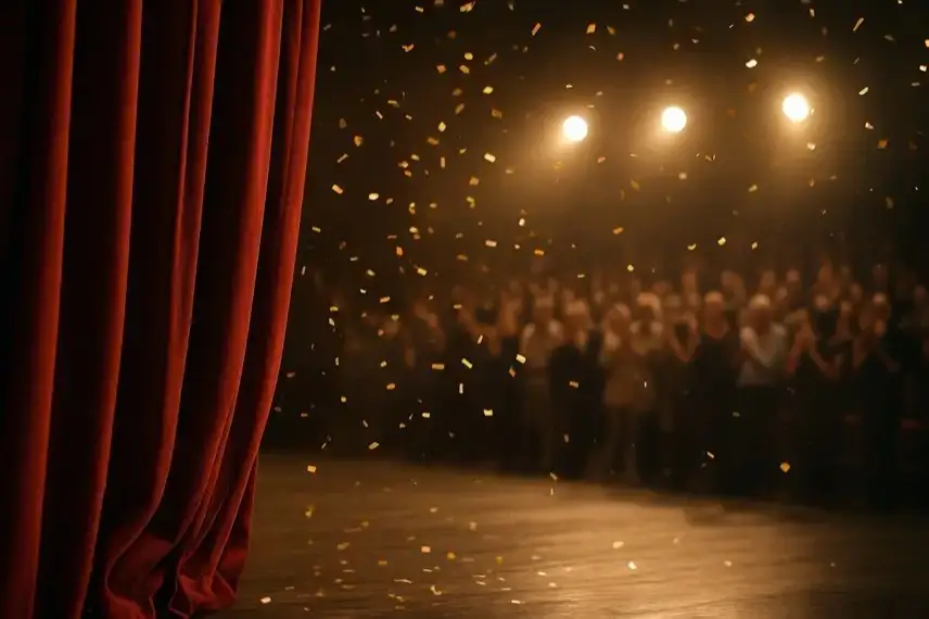 Leeres, hell ausgeleuchtetes Fernsehstudio mit einem einzelnen Moderationsstuhl im Vordergrund und unscharfem Hintergrund.