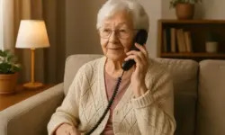 Ältere Frau sitzt in einem gemütlichen Wohnzimmer auf dem Sofa und telefoniert mit einem schwarzen Festnetztelefon.