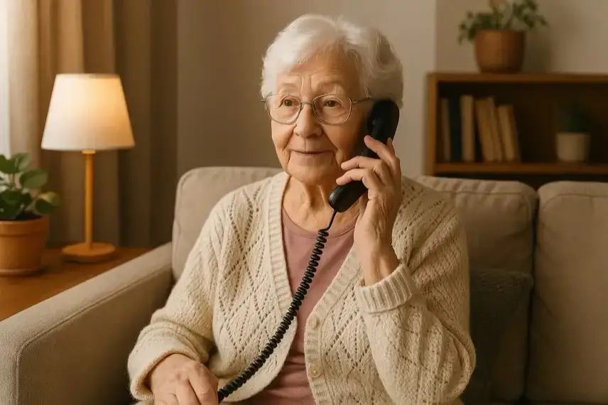 Ältere Frau sitzt in einem gemütlichen Wohnzimmer auf dem Sofa und telefoniert mit einem schwarzen Festnetztelefon.