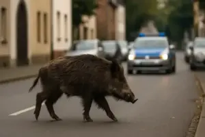 Wildschwein steht allein auf einer ruhigen Wohnstraße bei Tageslicht.