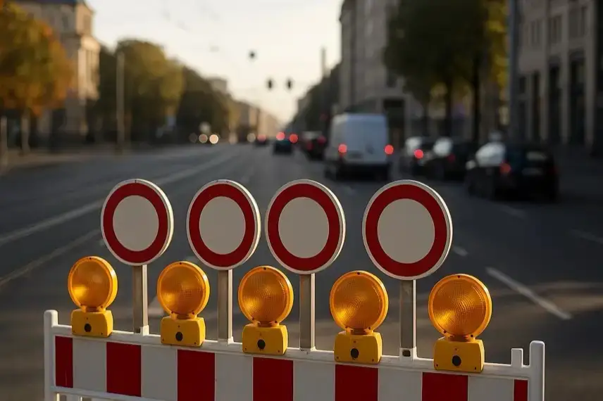 Straßensperren mit Absperrgittern, Verkehrskegeln und Polizeiabsperrband auf einer leeren Stadtstraße bei Tageslicht.