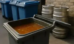 Offene Metallmülltonne in einem Hinterhof, darin mehrere Kanister mit altem Frittierfett; keine Menschen sichtbar, neutraler Hintergrund.