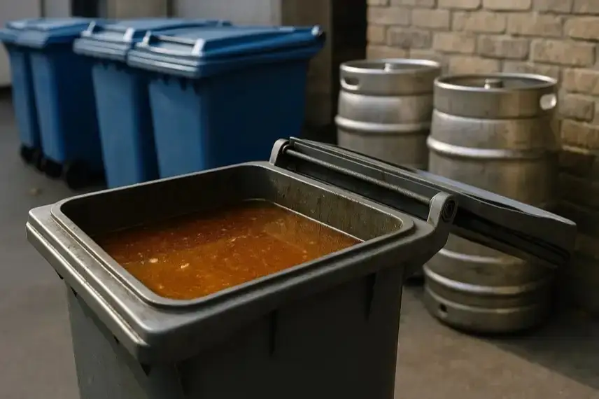 Offene Metallmülltonne in einem Hinterhof, darin mehrere Kanister mit altem Frittierfett; keine Menschen sichtbar, neutraler Hintergrund.