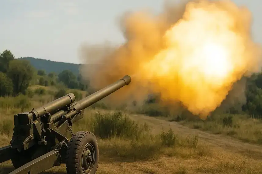 Verlassenes Grenzgebiet mit rot-weißen Warnmarkierungen, staubigem Boden und Rauchschwaden in der Ferne.