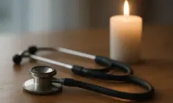 Stethoskop auf Holztisch mit brennender Kerze im Hintergrund, ohne Personen.
