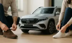 Ein silberner SUV steht in einem hellen Raum, während zwei Personen am Rand des Bildes ihre Schuhe binden; beide sind ohne erkennbare Gesichtszüge dargestellt.