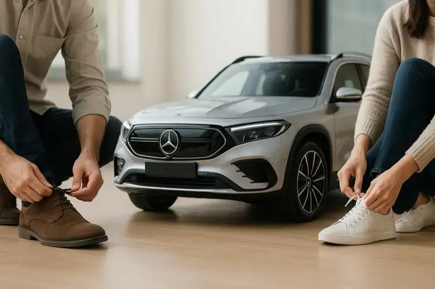 Ein silberner SUV steht in einem hellen Raum, während zwei Personen am Rand des Bildes ihre Schuhe binden; beide sind ohne erkennbare Gesichtszüge dargestellt.