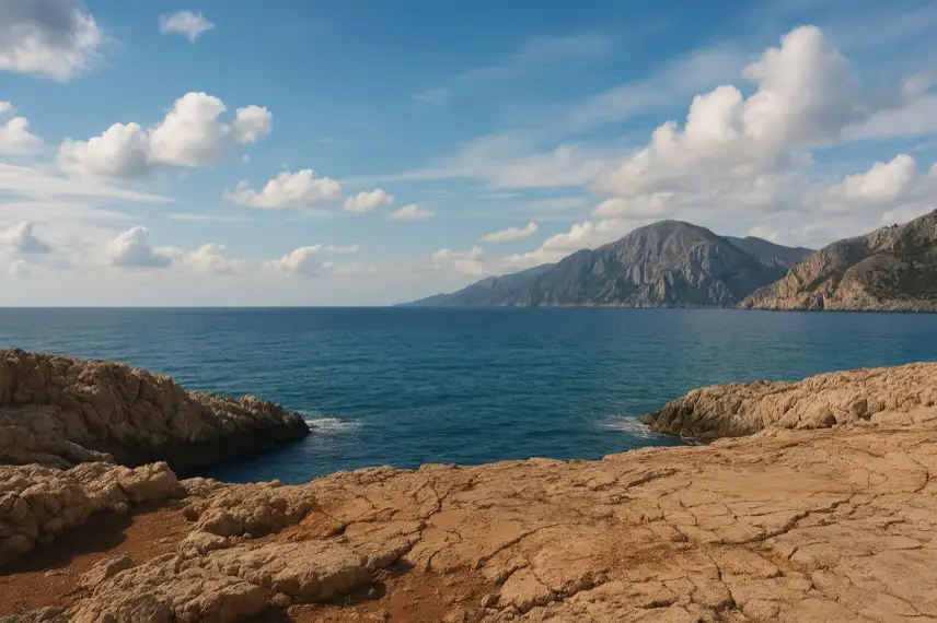 Felsige Mittelmeerküste mit ruhiger See und hellem Himmel, aufgenommen als neutrales Symbolbild ohne Menschen oder Gebäude.