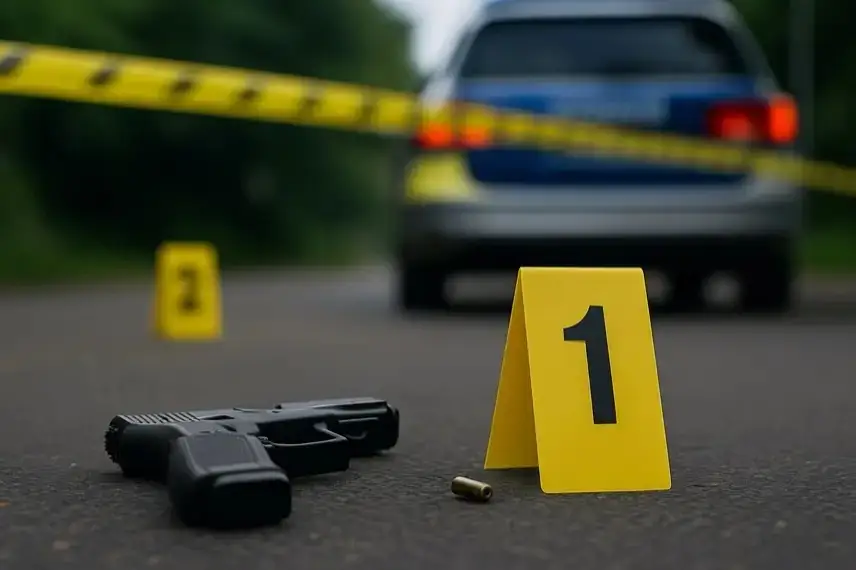 Polizeiband im Vordergrund, dahinter unscharfe Blaulichter eines Einsatzfahrzeugs in einer nächtlichen Straßenszene.