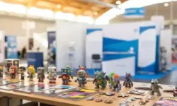Tisch mit neutralen bunten Figuren und Comics im Vordergrund, unscharfe Messestände im Hintergrund, fotorealistisches Symbolbild ohne erkennbare Personen.