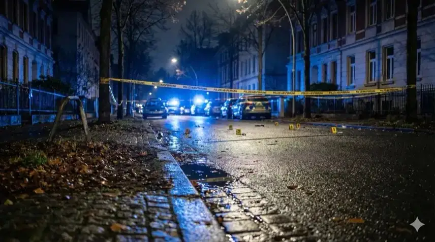 bgesperrte Straße vor einem Hotel mit mehreren Polizeifahrzeugen und Blaulicht bei winterlichem Tageslicht, rot-weißes Absperrband im Vordergrund, keine Menschen sichtbar.