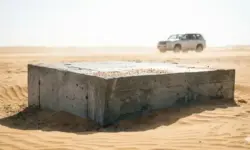 Fotorealistische Nachstellung: Ein grauer, frisch gegossener Betonblock liegt halb im goldenen Wüstensand, im Hintergrund ein verlassener weißer SUV unter klarem Himmel, keine Menschen zu sehen.