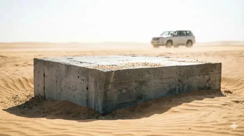 Fotorealistische Nachstellung: Ein grauer, frisch gegossener Betonblock liegt halb im goldenen Wüstensand, im Hintergrund ein verlassener weißer SUV unter klarem Himmel, keine Menschen zu sehen.
