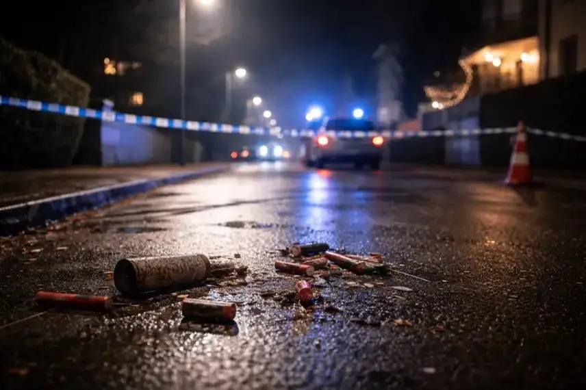 Abgesperrte Straße bei Nacht mit Blaulicht und Feuerwerksresten auf nassem Asphalt in Bielefeld nach einem Pyrotechnik-Unfall