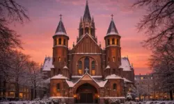 Frontansicht der Vondelkerk in Amsterdam bei Abenddämmerung, schneebedeckt, warme Rottöne am Himmel, historische Kirche im Winter