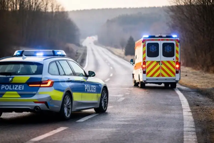 Polizeiauto und Krankenwagen stehen mit eingeschaltetem Blaulicht auf einer Landstraße in Bayern, umgeben von winterlicher Landschaft