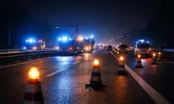 Nächtliche Autobahn A6 mit gesperrter Fahrbahn, stehenden Fahrzeugen, Warnbaken und blauem Einsatzlicht nach Verkehrsunfall.