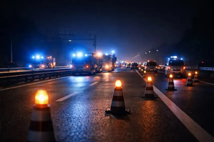 Nächtliche Autobahn A6 mit gesperrter Fahrbahn, stehenden Fahrzeugen, Warnbaken und blauem Einsatzlicht nach Verkehrsunfall.