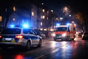 Polizeiauto und Rettungswagen mit Blaulicht in einer nächtlichen Hamburger Wohnstraße während der Silvesternacht