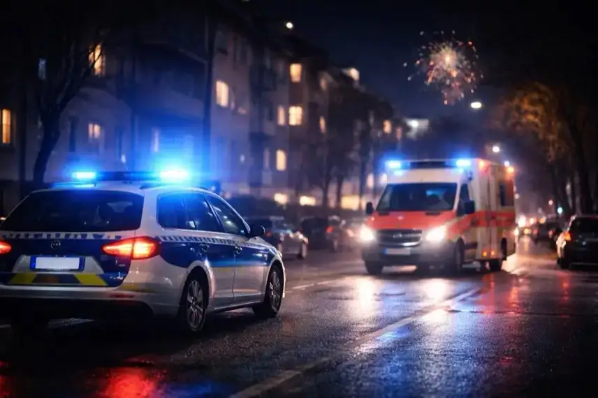 Polizeiauto und Rettungswagen mit Blaulicht in einer nächtlichen Hamburger Wohnstraße während der Silvesternacht