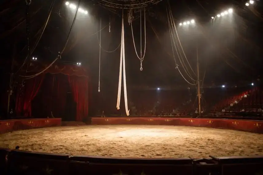 Leere Zirkusmanege mit hängenden Luftakrobatik-Seilen im Zirkuszelt des Weltweihnachtscircus Stuttgart