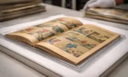 Altes Comic-Heft in archivgerechter Aufbewahrung auf neutraler Unterlage, Nahaufnahme mit gealterten Seiten und gedämpftem Licht