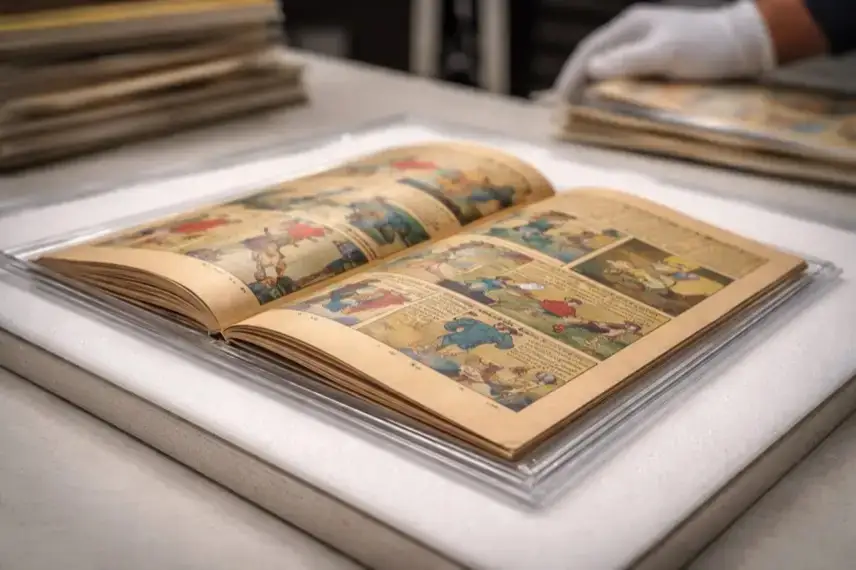 Altes Comic-Heft in archivgerechter Aufbewahrung auf neutraler Unterlage, Nahaufnahme mit gealterten Seiten und gedämpftem Licht