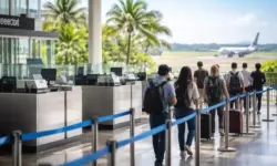 Einreiseschalter an einem internationalen Flughafen auf Bali mit Absperrbändern, Palmen im Hintergrund und wartender Passagierschlange