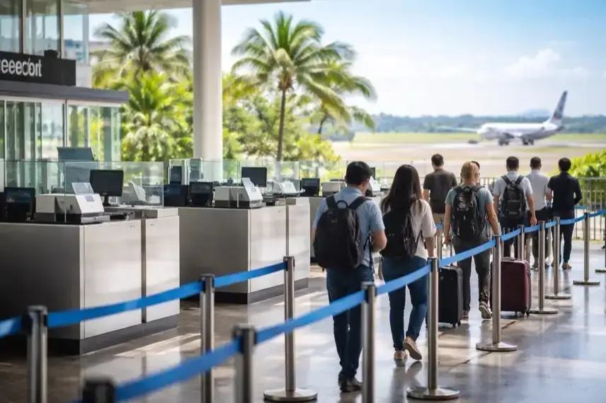 Einreiseschalter an einem internationalen Flughafen auf Bali mit Absperrbändern, Palmen im Hintergrund und wartender Passagierschlange