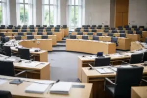 Leerer Plenarsaal eines Landesparlaments mit halbrunder Sitzordnung und gedämpftem Licht, aufgenommen als neutrales Symbol für politische Entscheidungen.