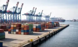 Containerterminal im Hamburger Hafen mit Kränen und gestapelten Containern, Blick auf Kaianlagen und Hafeninfrastruktur der HHLA